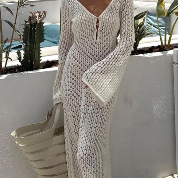 White Knit Sweater Maxi Beach Swim Cover Up - Picture 3 of 4